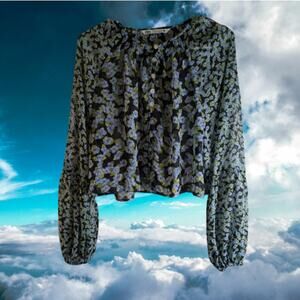 Zara Large long balloon sleeve button down flowy floral short woman's blouse